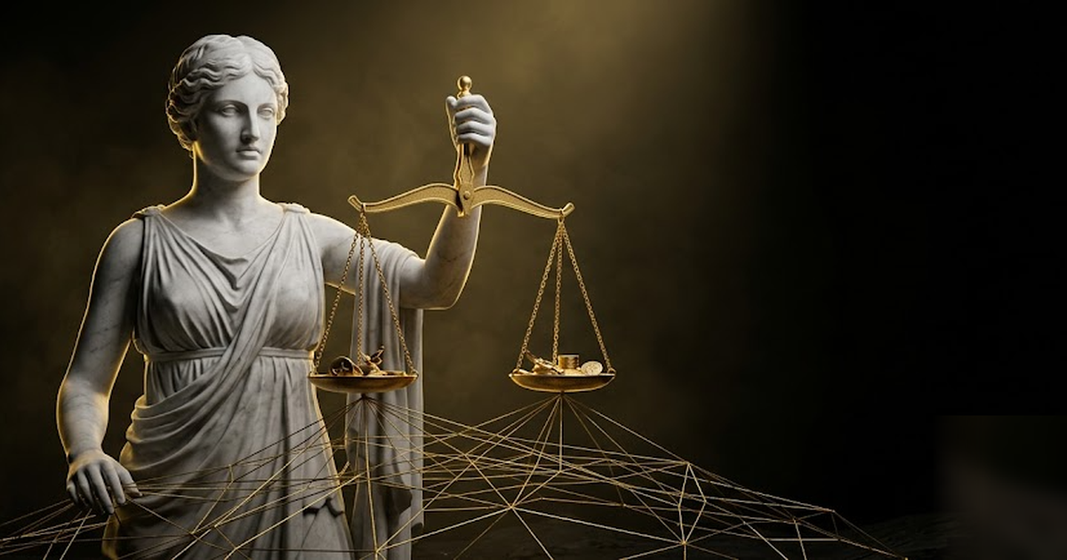 Cinematic Greek pantheon scene, Nemesis the goddess of retribution in black marble weighing a golden scale over a web of transactions, void-black background, satin-gold light, frameless, no text, no p