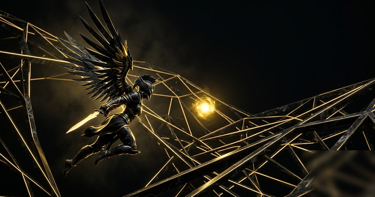 Nemesis hunting a single golden anomaly through a black marble lattice of transaction lines, void-black background, satin-gold accents, dramatic chiaroscuro, frameless, no text, no UI, no charts, no w