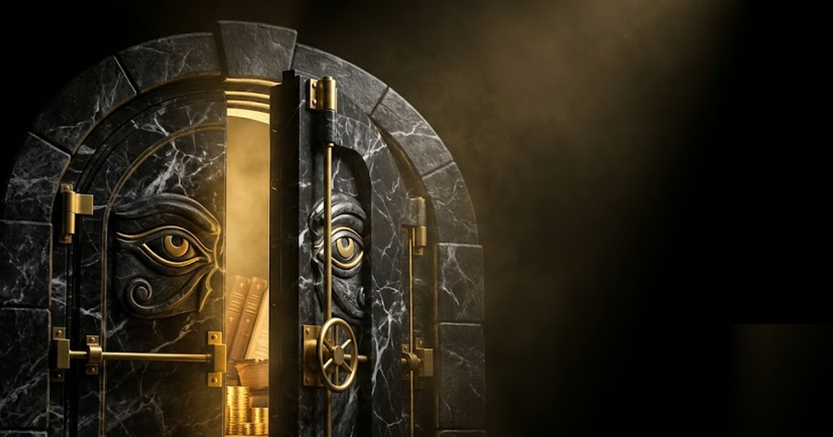 A black marble vault of golden coins and ledgers sealed behind a shut door inscribed with watchful eyes, void-black background, satin-gold light, cinematic and frameless, no text, no people, no UI, no