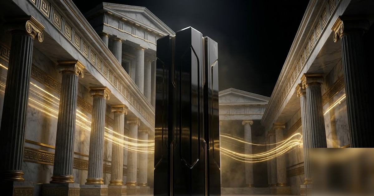 An obsidian server monolith inside a Greek temple of black and gold marble, golden streams of transaction data flowing only within the walls, void-black background, cinematic, frameless, no text, no p