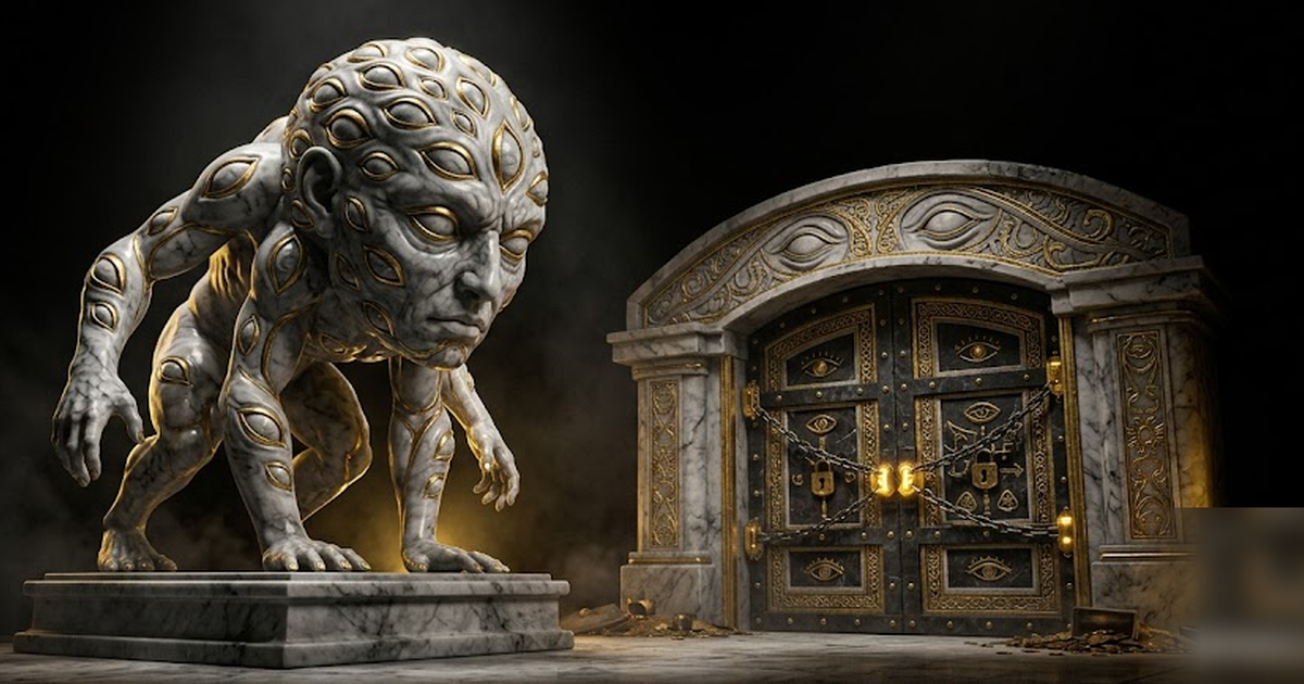 Argus the all-seeing watcher rendered in black marble and gold, eyes turned inward on a sealed treasury, void-black background, satin-gold accents, cinematic, frameless, no text, no people, no UI, no 