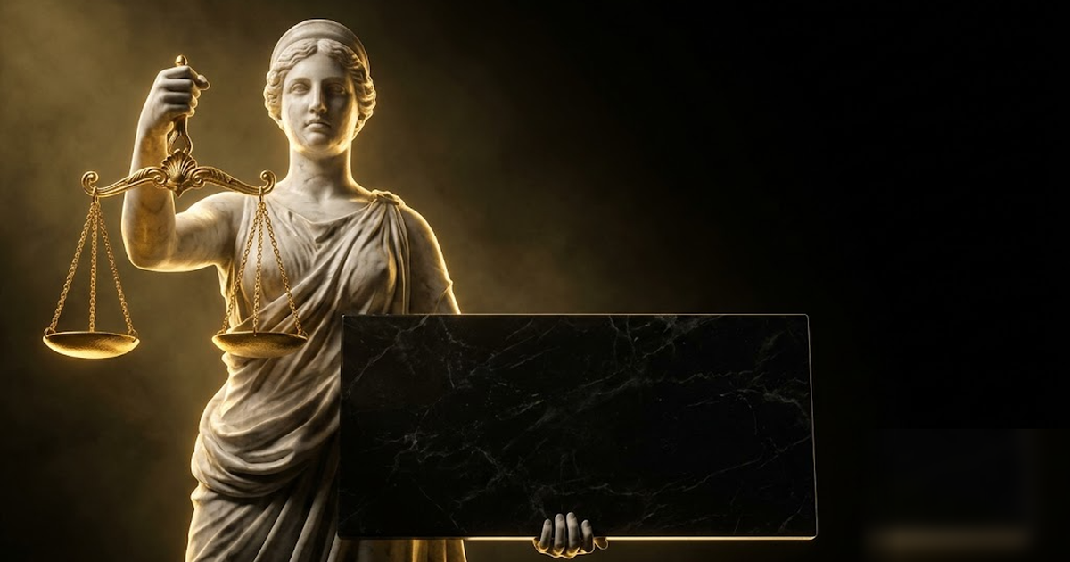 Themis holding golden scales of justice over a black marble tablet of an audit record, void-black background, satin-gold light, cinematic and frameless, no text, no people in offices, no UI, no charts
