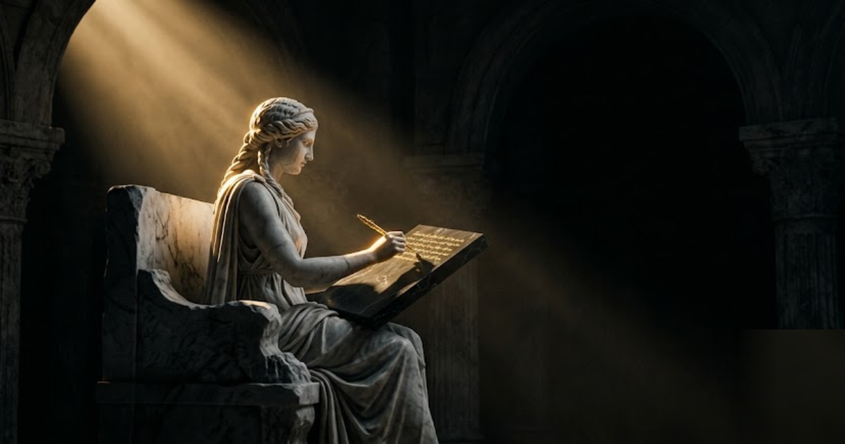 Cinematic wide shot of Clio, Greek muse of history, seated with a golden stylus over an open tablet of void-black marble, faint gold script forming along its surface, a single shaft of warm light, no 