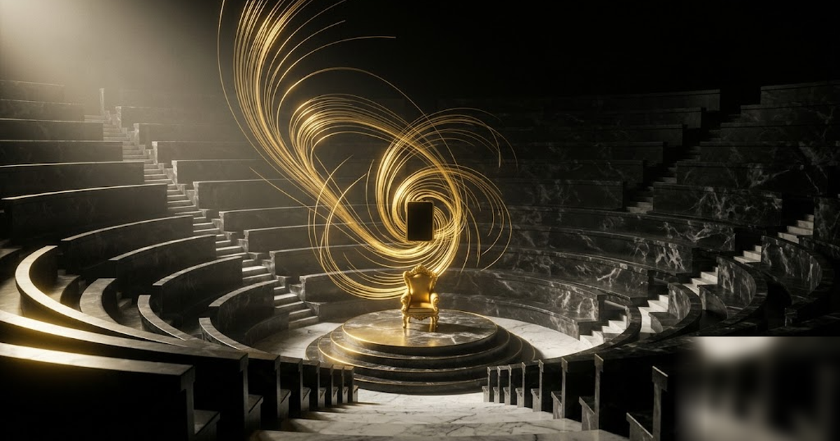A circular council chamber of black marble with a single golden seat at its centre, sound rendered as fine gold filaments curling inward toward a sealed tablet, void-black and satin-gold palette, no t