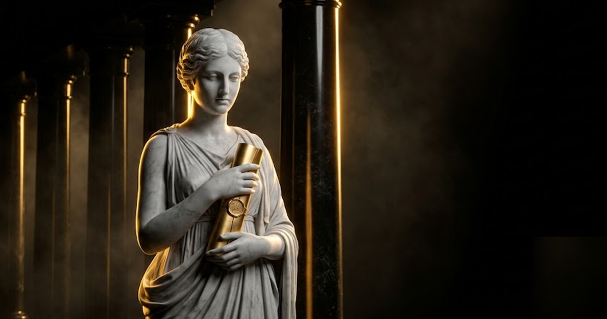 Clio holding a sealed golden scroll of minutes close, an obsidian colonnade behind her catching warm gold light, sovereign and composed, no people in offices, no UI, frameless, no watermark