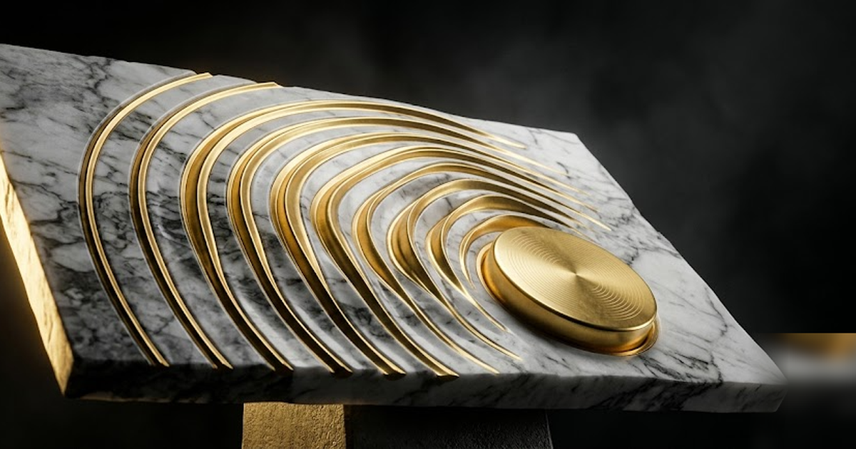 Close cinematic study of golden soundwaves carved into black marble converging into a single sealed gold disc, void-black background, satin-gold accents, no text, no UI, no charts, no watermark