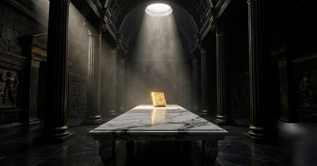 An obsidian boardroom temple, an empty black marble table beneath a shaft of light, a single glowing golden ledger at its head, no people, no UI, cinematic Greek pantheon style, frameless, no watermar