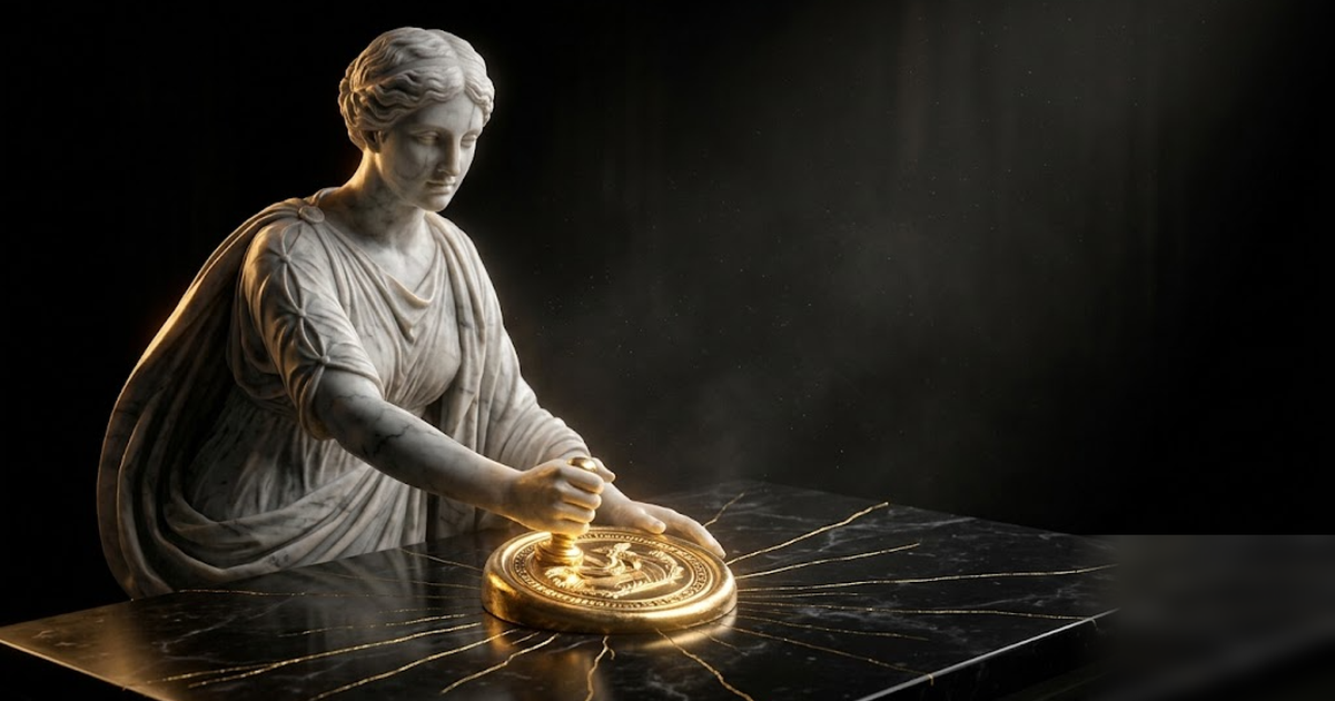 The muse of history pressing a golden seal of confidentiality into a black marble record, fine gold filaments radiating outward, void-black background, satin-gold accents, no text, no watermark