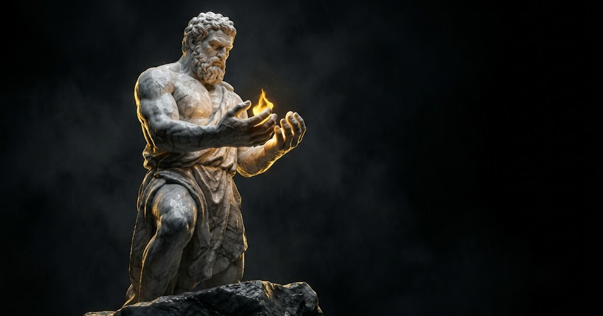 A colossal marble figure of Prometheus cupping a small ember of gold light against a black void