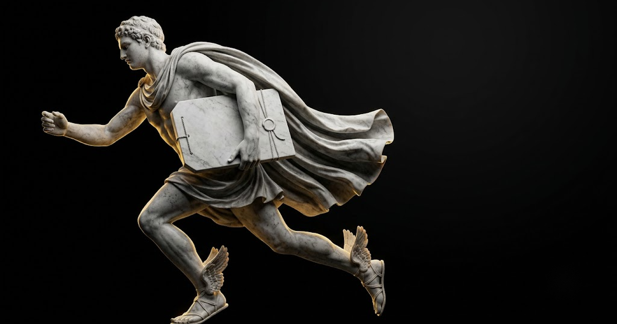 A colossal marble figure of Hermes mid stride carrying a sealed tablet through darkness