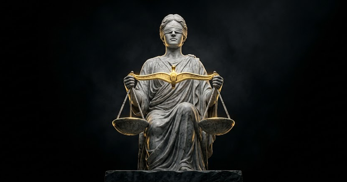 A colossal marble figure of Themis standing with scales held level in deep shadow