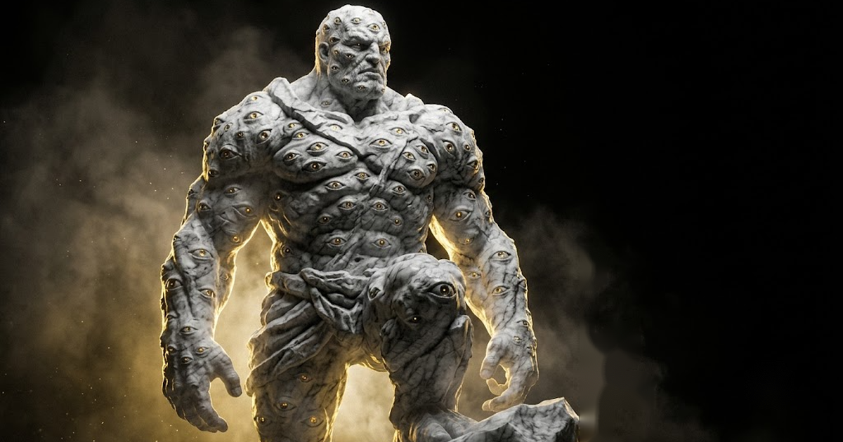 A colossal marble figure of Argus with many watchful eyes emerging from shadow
