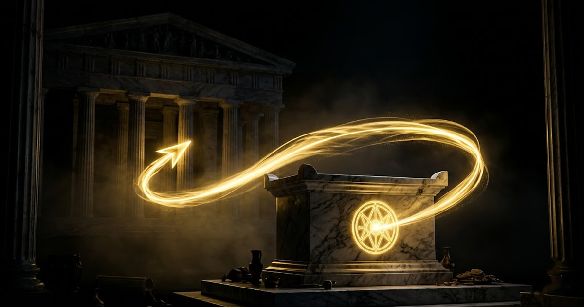 A golden arrow of light flowing outward from a carved seal on a marble altar, away from a Greek temple, set against a void-black ground, depicting the reversal of the oracle's direction of trust.