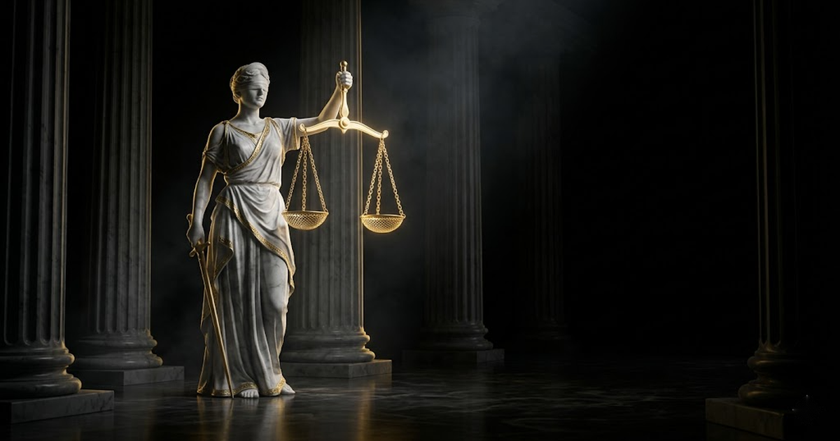 Themis, blindfolded and holding balanced golden scales formed from chain links and a lattice pattern, standing among black marble columns, symbolising verifiable governance and post-quantum sealing.