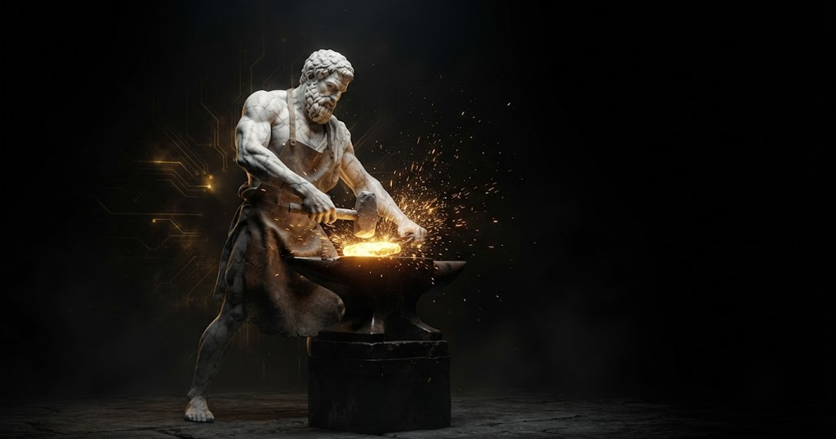 Hephaestus, evoking the filed patent portfolio and the built sovereign architecture behind the claim to ownership