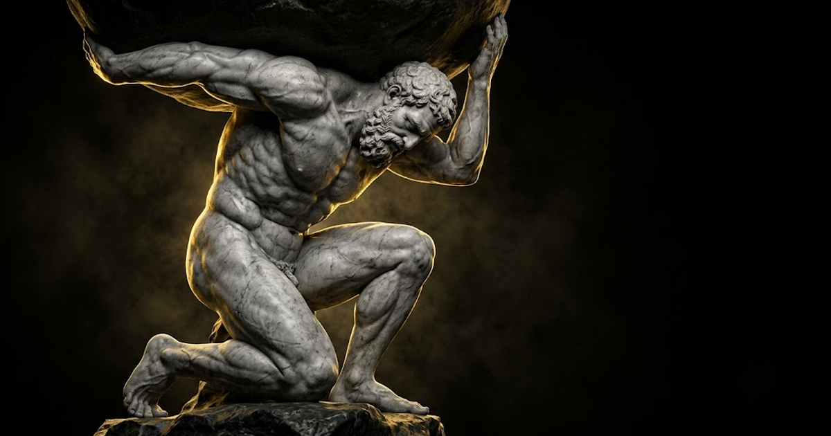 A colossal marble figure of Atlas bearing a vast weight on his shoulders against a black void lit by gold