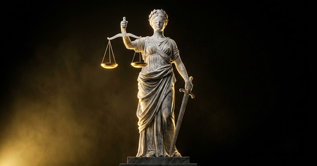A colossal marble figure of Themis standing with scales held level against a black void lit by gold