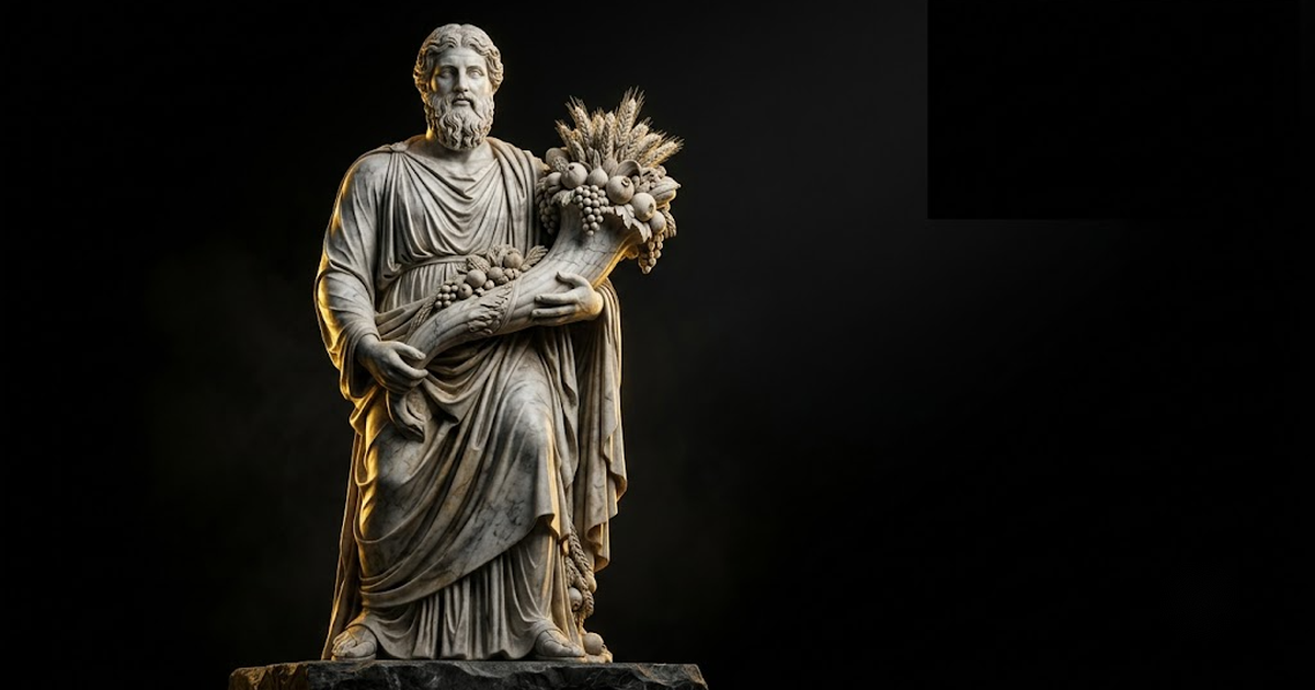 A colossal marble figure of Plutus cradling an overflowing measure against a black void lit by gold