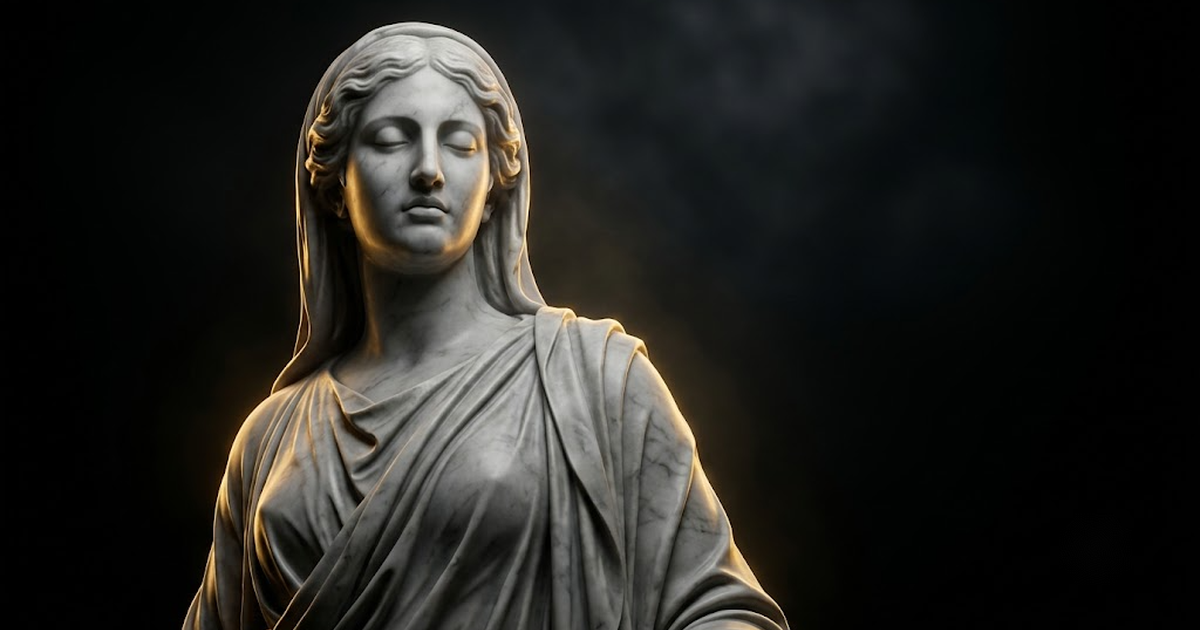 A colossal marble figure of Mnemosyne with eyes closed in deep recollection against a black void lit by gold