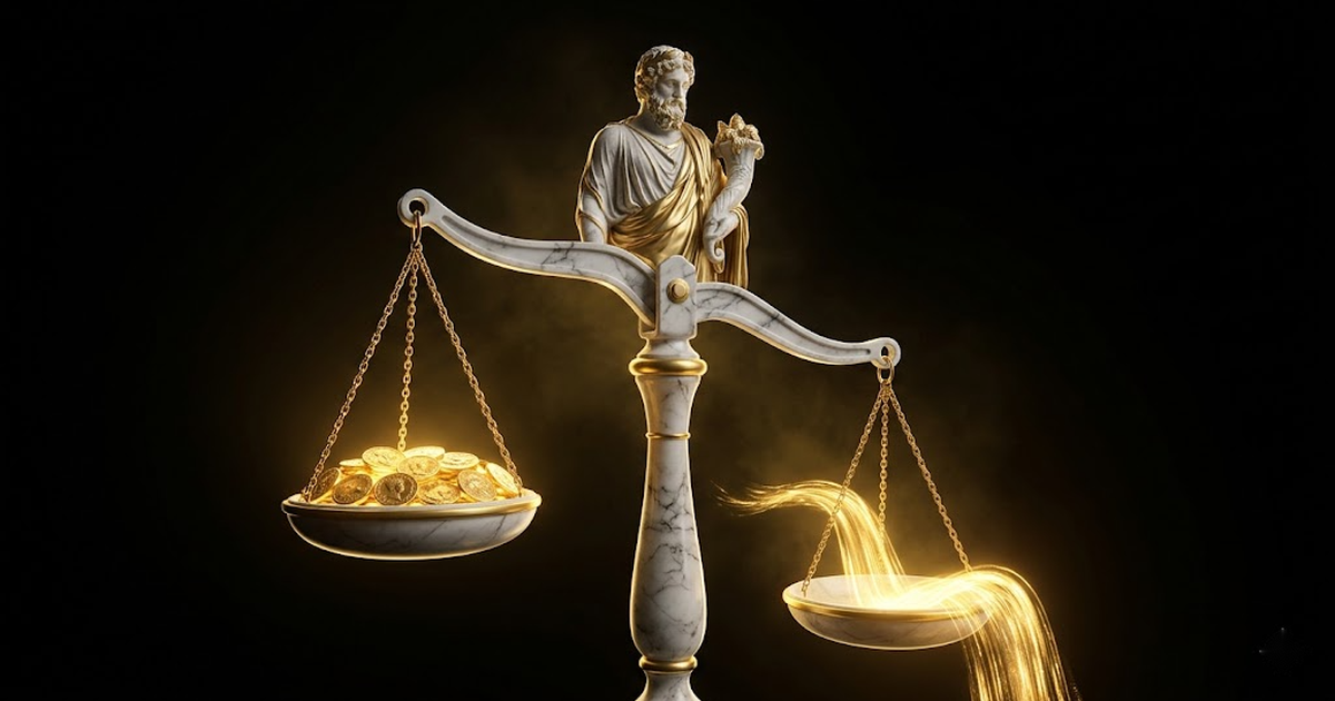 A marble statue of Plutus presiding over a balance scale, one side holding a fixed cluster of gold coins, the other receiving streams of golden light, set against a black void.