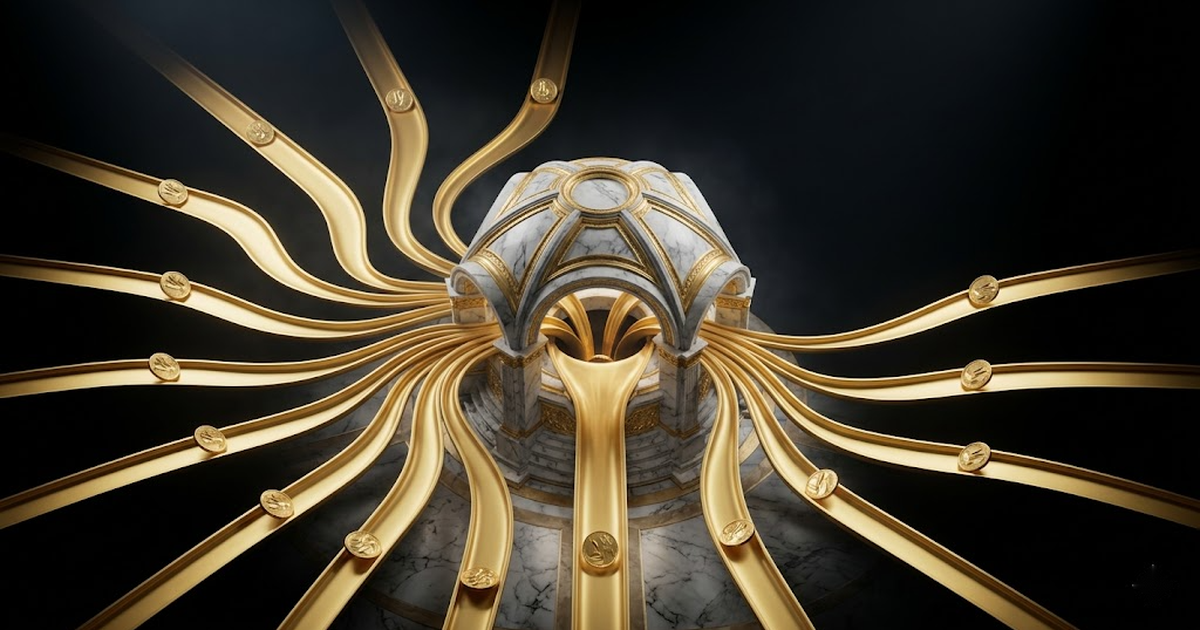 Sixteen channels of golden light, each carrying a coin, converging from darkness into a single central marble treasury vault.