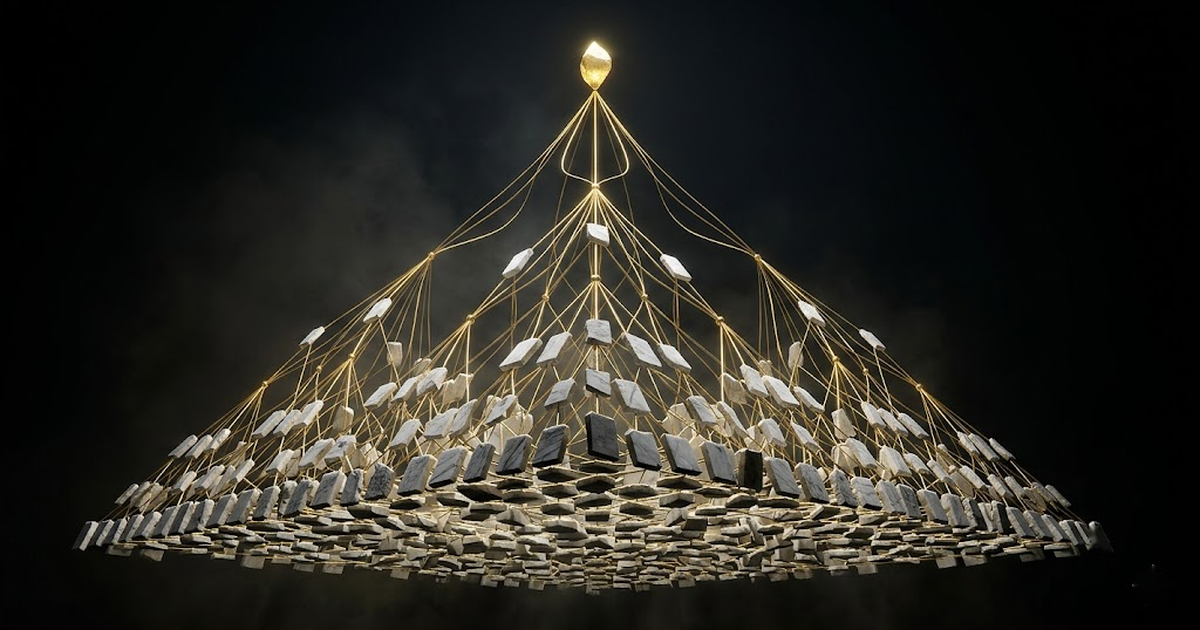 A vast tree of small marble tablets connected by gold lines converging upward into a single glowing golden stone, depicting many sealed records summarised into one cryptographic root.