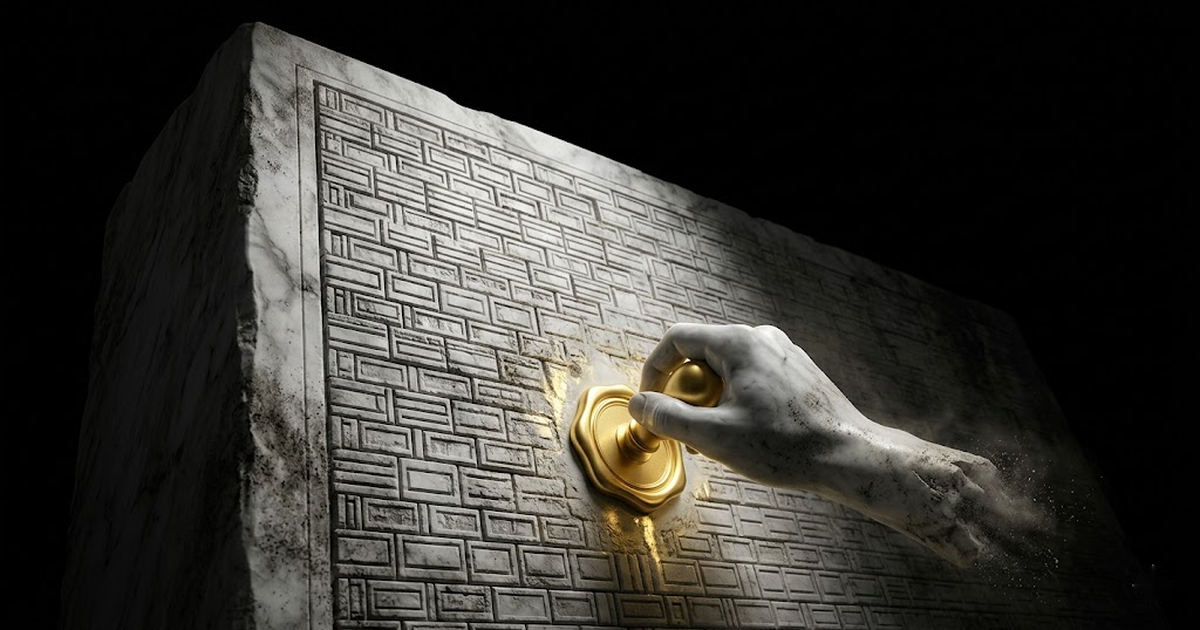 A marble hand dissolving to dust presses a single glowing gold seal into a vast immovable stone monolith of interlocking blocks, representing a fragile institution committing a record to an enduring external ledger.