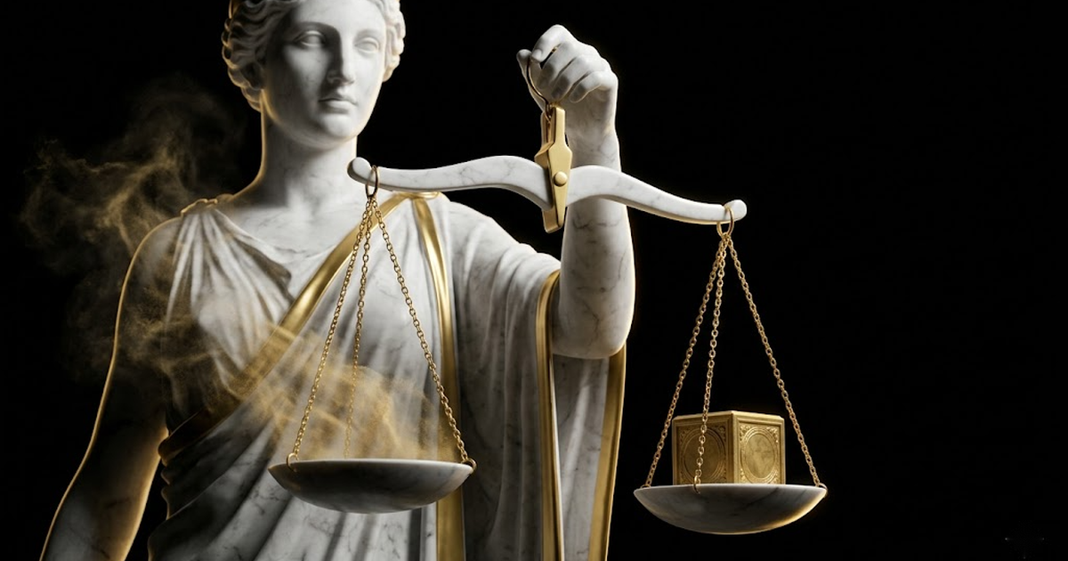A marble statue of a justice goddess holding scales, one pan with a solid gold cube outweighing a dissolving cloud of golden dust in the other, on a black background.