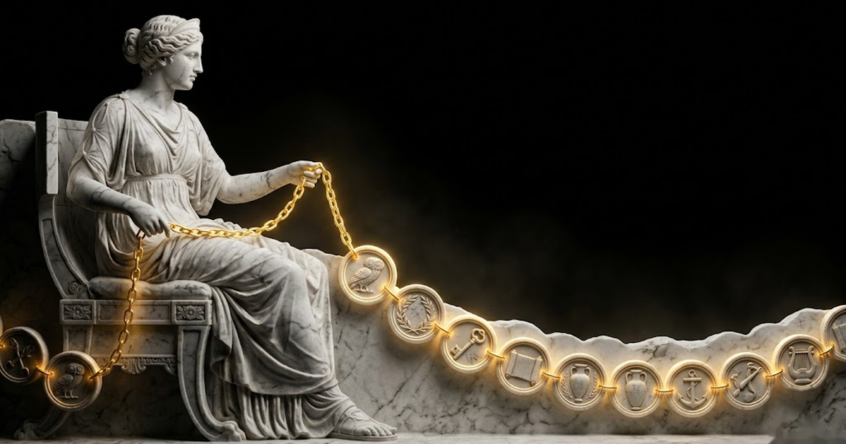 A marble relief of the goddess of memory holding an unbroken golden chain of glowing carved seals against a black background.