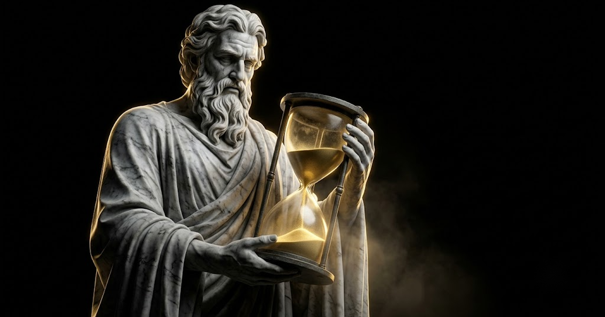 A colossal marble statue of Chronos holding a great sweeping hourglass in a black void lit by gold light