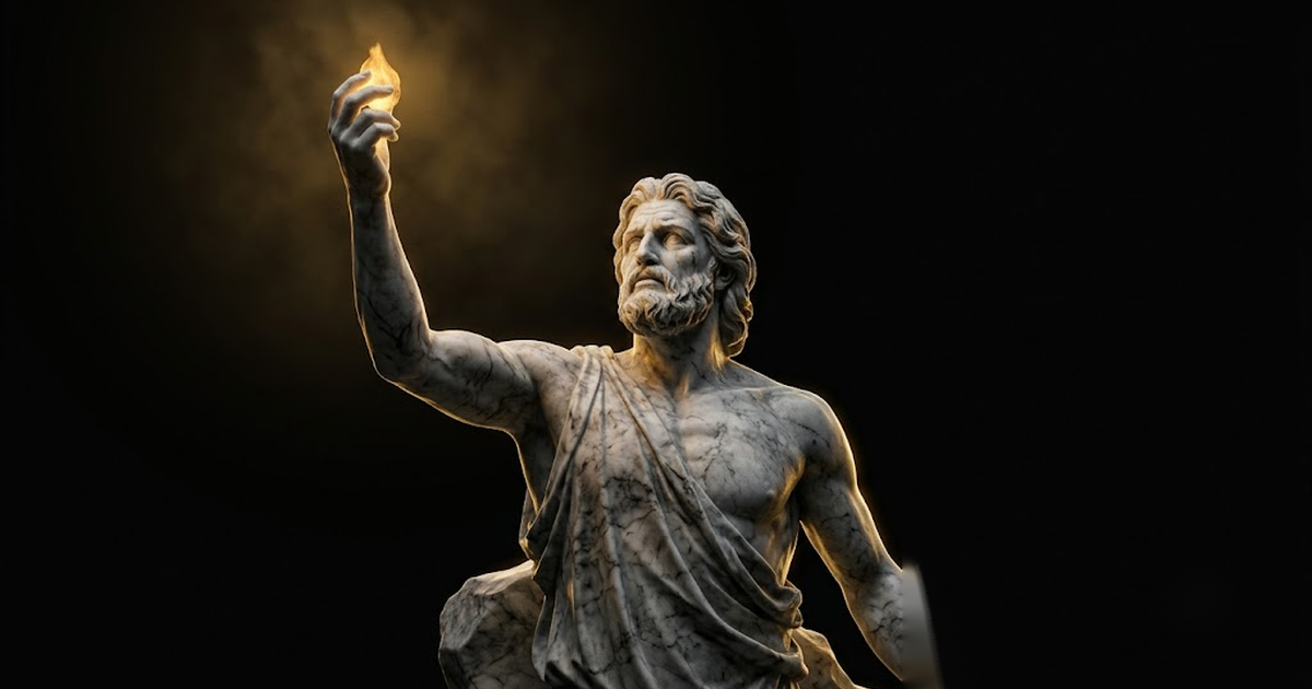 A colossal marble statue of Prometheus holding a small flame aloft in a dark void lit by warm gold light