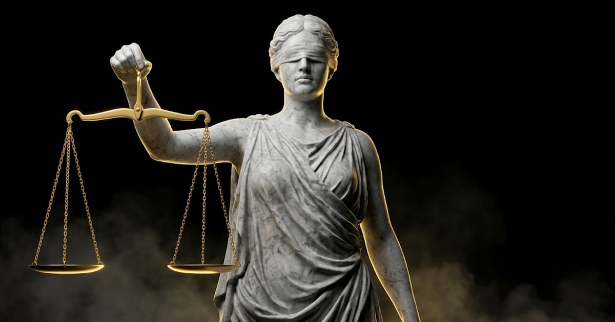 A colossal marble statue of Themis holding balanced scales in a black void under a shaft of gold light