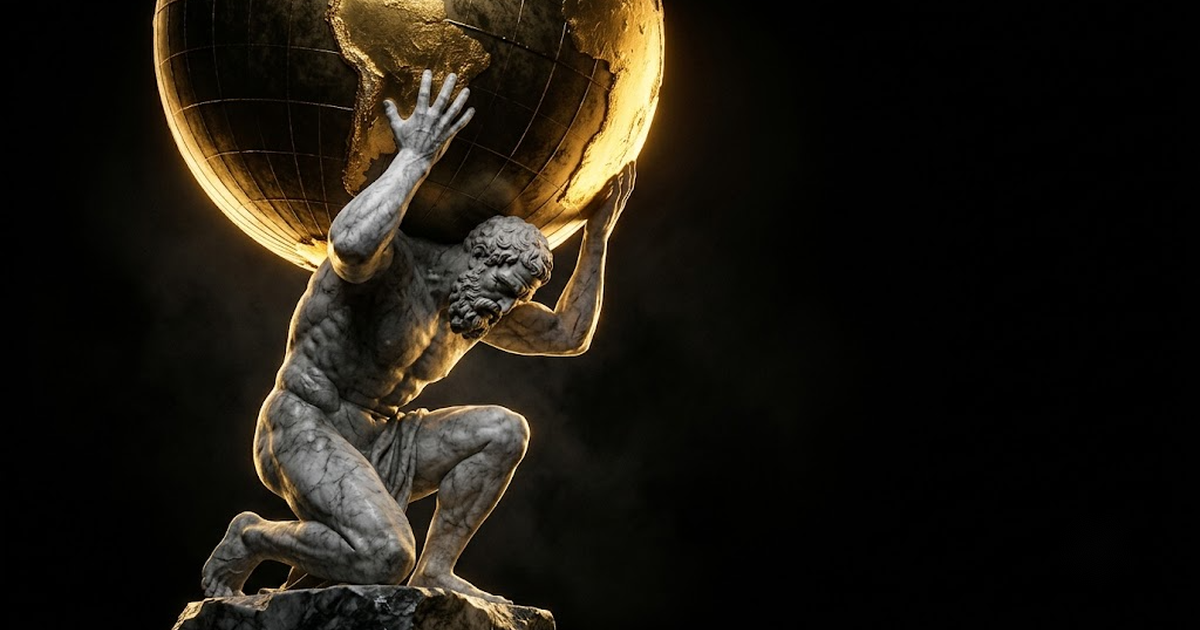 A colossal marble statue of Atlas bearing a great sphere on his shoulders in a black void lit by gold light