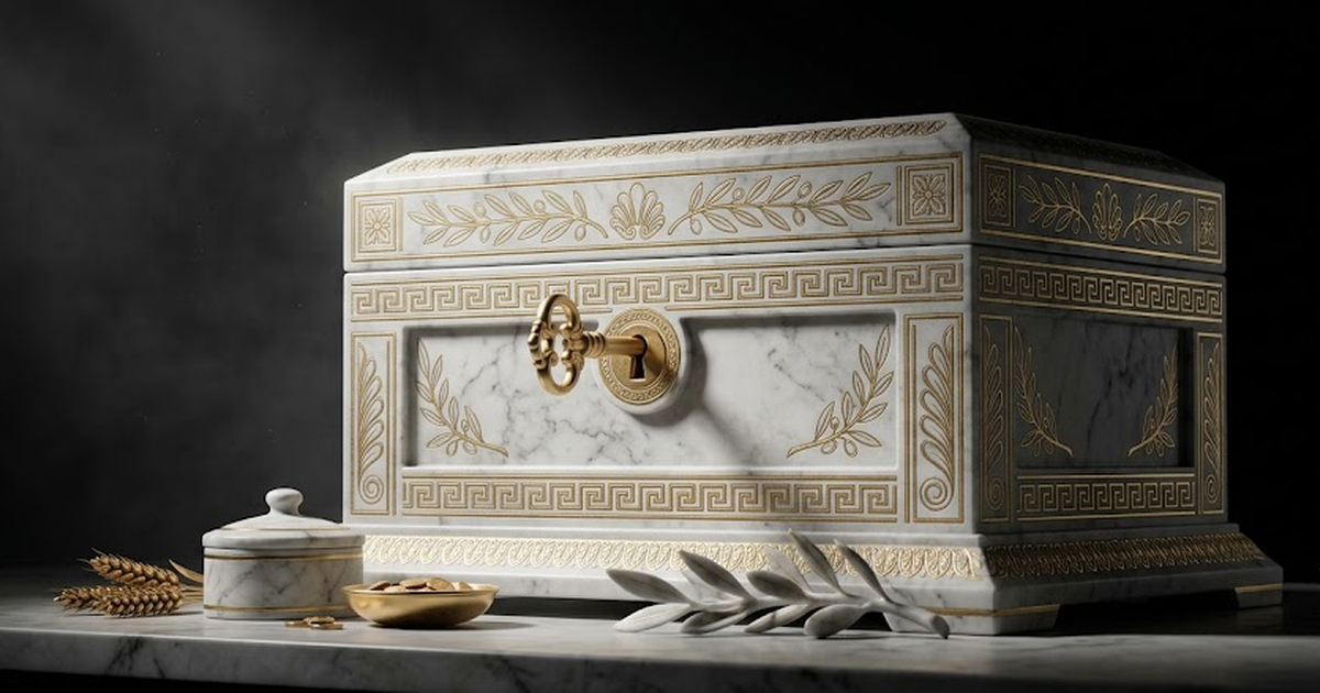 Void black background, satin gold line art of a classical Greek marble strongbox sealed with an ornate gold key still in the lock, household offerings arranged before it as if guarded, symbolising cus