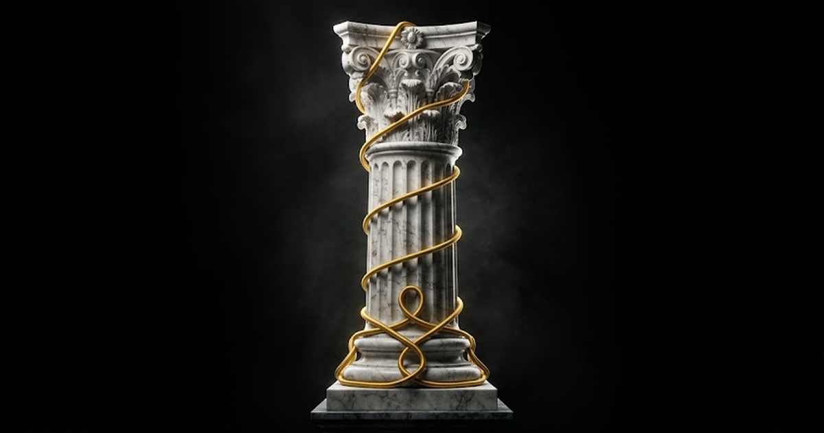 Void black field, a single satin gold Corinthian column wrapped in a continuous gold thread that loops back on itself without leaving the column base, symbolising owned-data personalisation that never