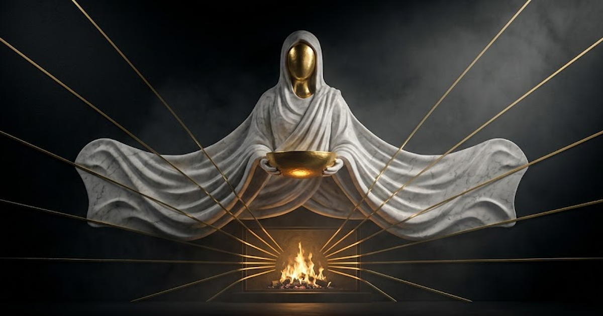 Void black background, gold relief of a hospitality figure rendered only in marble drapery and a gold offering bowl, a network of fine gold lines radiating inward to a central hearth rather than outwa