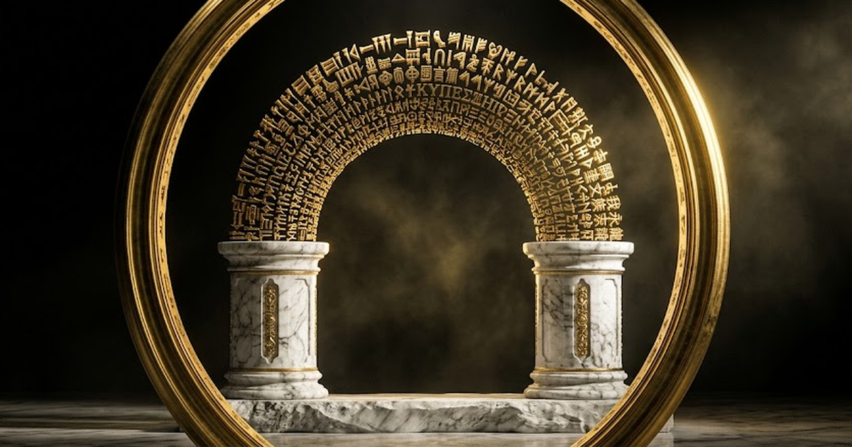 Void black field, satin gold engraving of a messenger motif rendered as a rainbow arch made of many gold language-glyphs curving between two marble pillars, all contained within a closed gold ring, mu