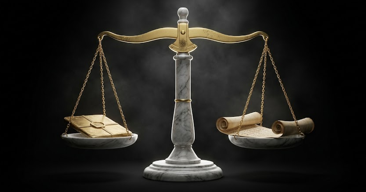 Void black background, a marble balance scale in satin gold weighing a sealed gold tablet against an open scroll, symbolising auditable and explainable decisions under Consumer Duty, classical justice