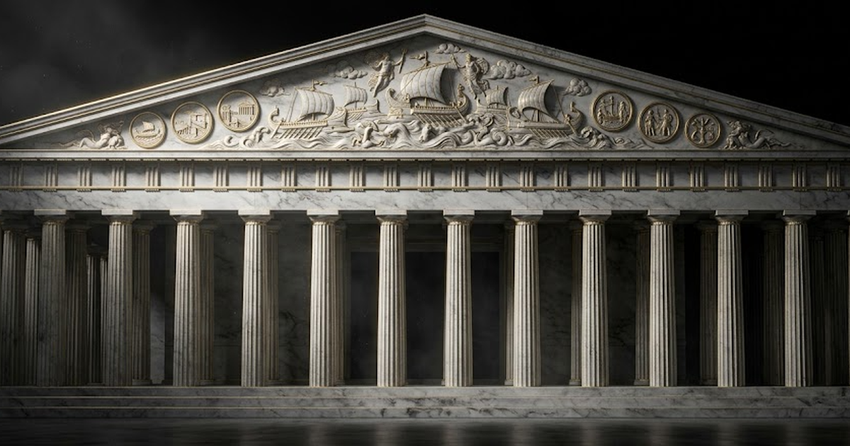 Void black field, a Greek temple facade in satin gold line on marble with eight small inscribed pediment medallions representing a fleet of studios standing on a broad base of thirty-eight columns, ar