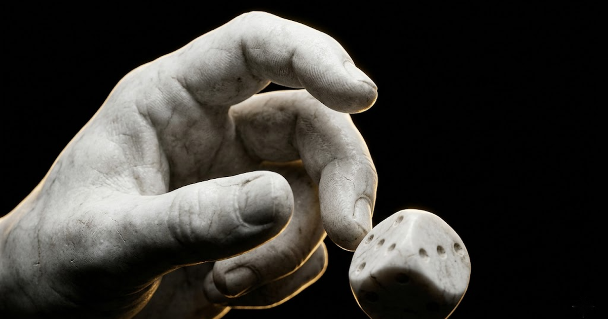 A marble classical hand caught mid-motion as if rolling a single carved die, lit by a thin gold rim light against black