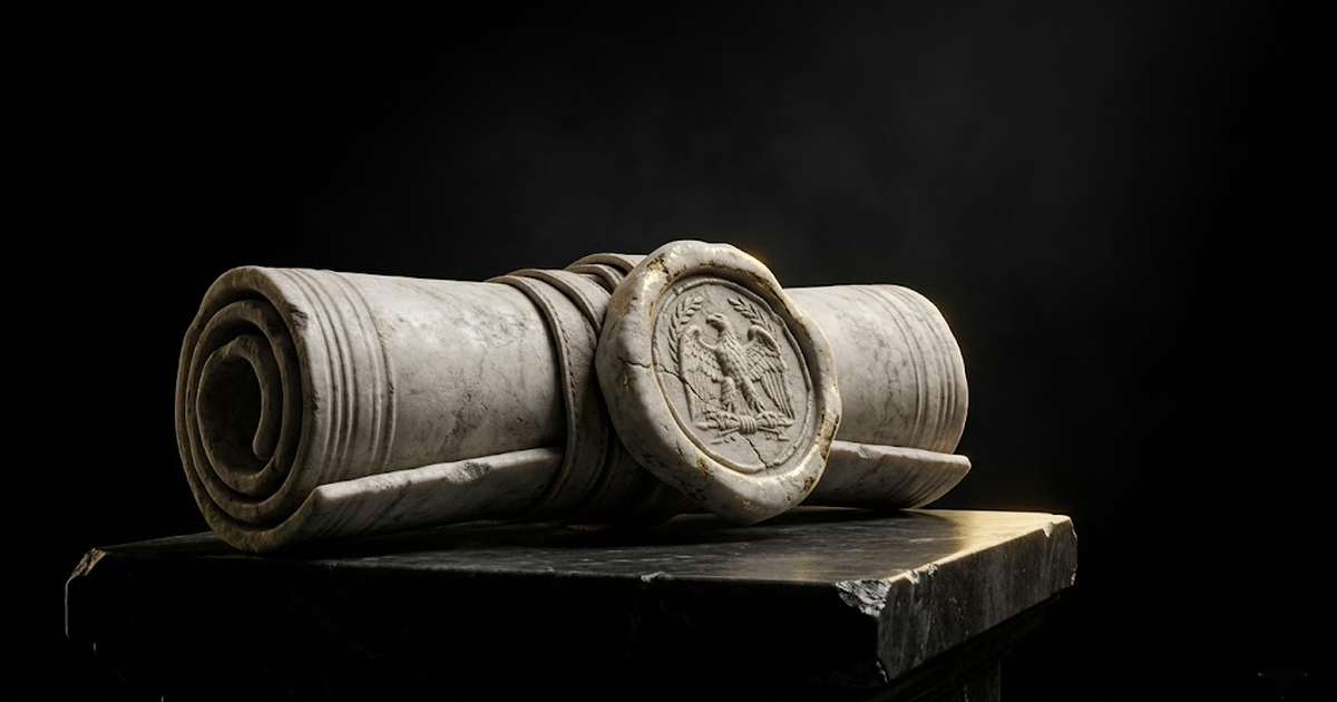A marble sealed scroll bound with a carved wax seal on a dark plinth, edge-lit in gold against deep black