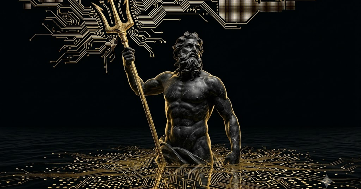 Poseidon as a classical marble statue come to life, waist-deep in an abyssal black ocean, holding a tall ornate gold trident encrusted with circuit traces that dissolve into a microchip die pattern. Void black and satin gold palette. Cinematic editorial lighting, museum-quality composition.