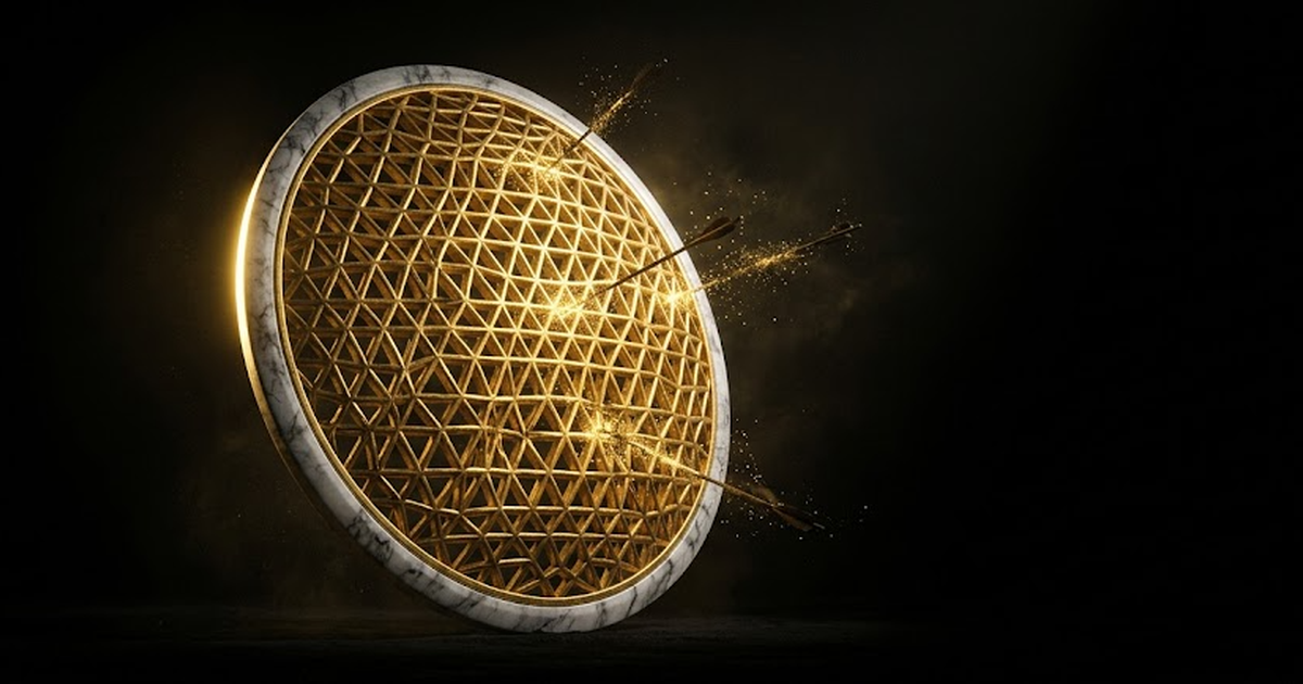 A large circular golden shield woven from an interlocking crystalline lattice on a black background, deflecting forged arrows that dissolve into sparks before reaching its surface.