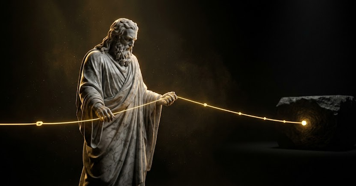 A marble figure of Chronos holding a single golden thread of light strung with luminous knots across a black background, one knot anchored to a distant stone block.
