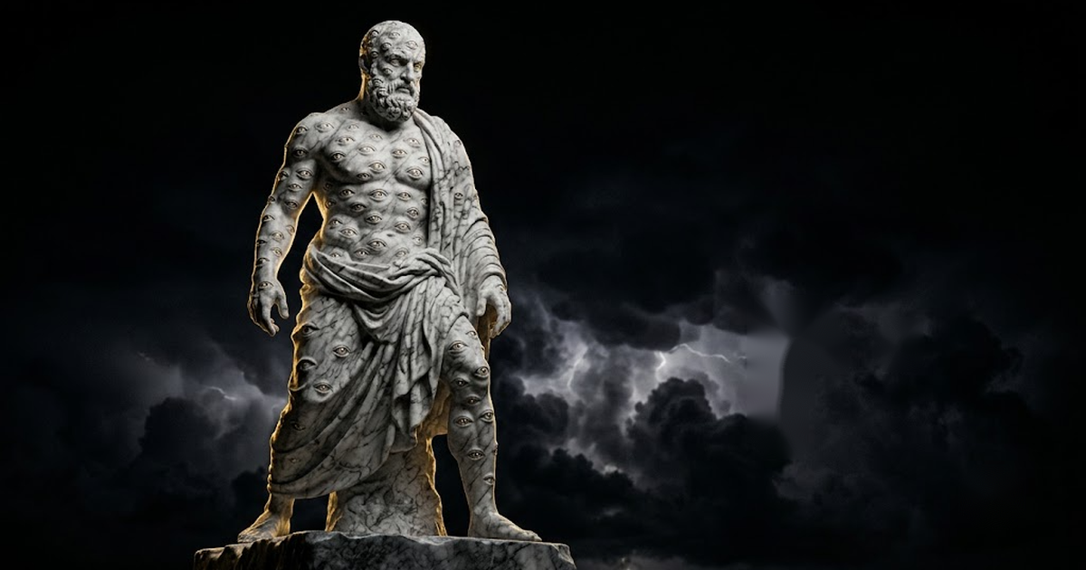 A towering marble statue of a many eyed watchman figure lit by gold light against black