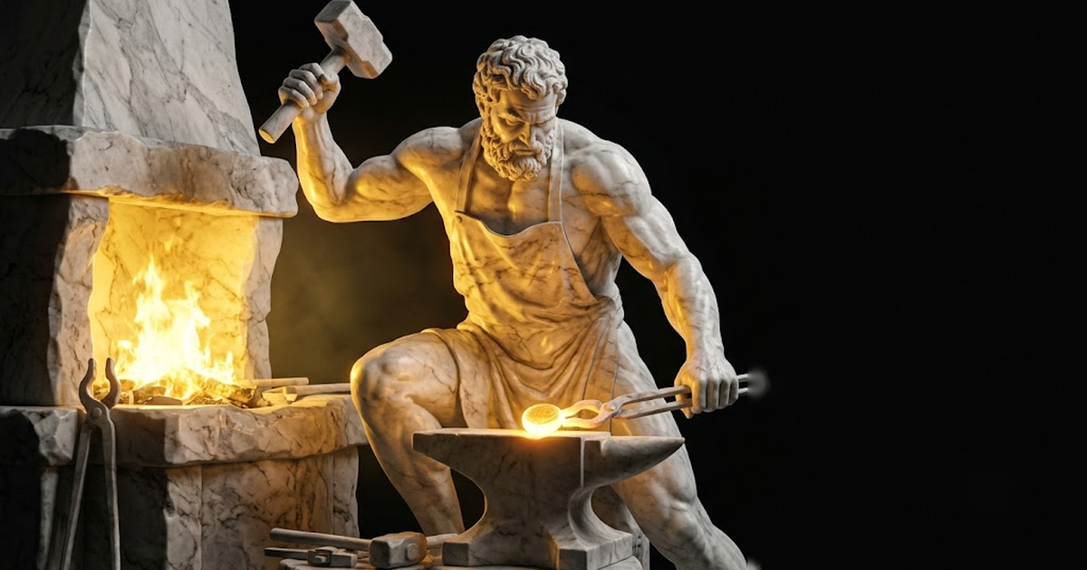A muscular marble smith figure hammering at a glowing anvil lit in gold against black
