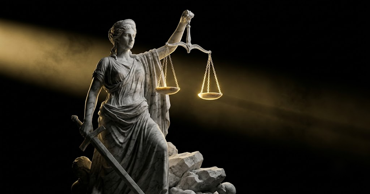 A serene marble figure holding level scales lit by a shaft of gold light against black