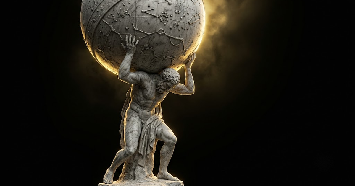 A straining marble titan carrying a great starry sphere on his shoulders lit in gold against black