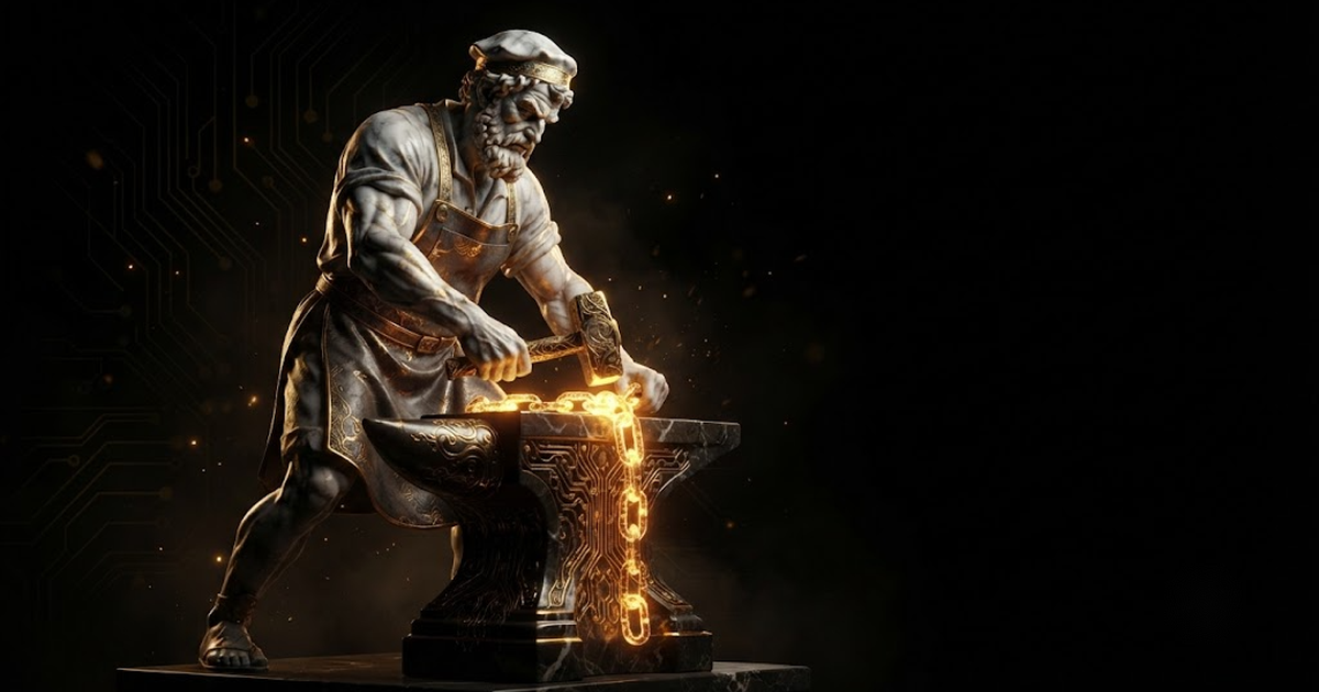 Hephaestus, evoking the chained audit record where the decision, the brain, the rules and the software stack are forged into one unbreakable link