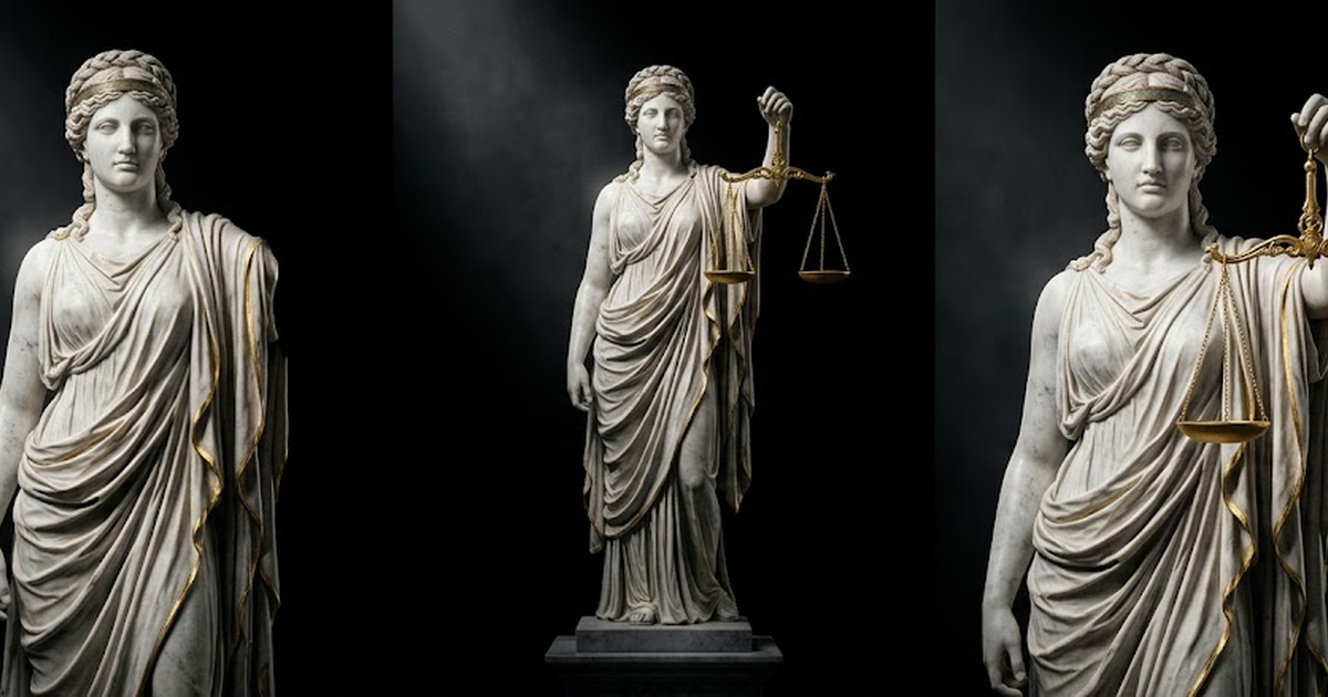 A carved white marble statue of the Greek goddess Astraea holding perfectly balanced golden scales, satin gold #D4AF37 highlights catching the folds of her robe, aged bronze fillet in her hair, set ag